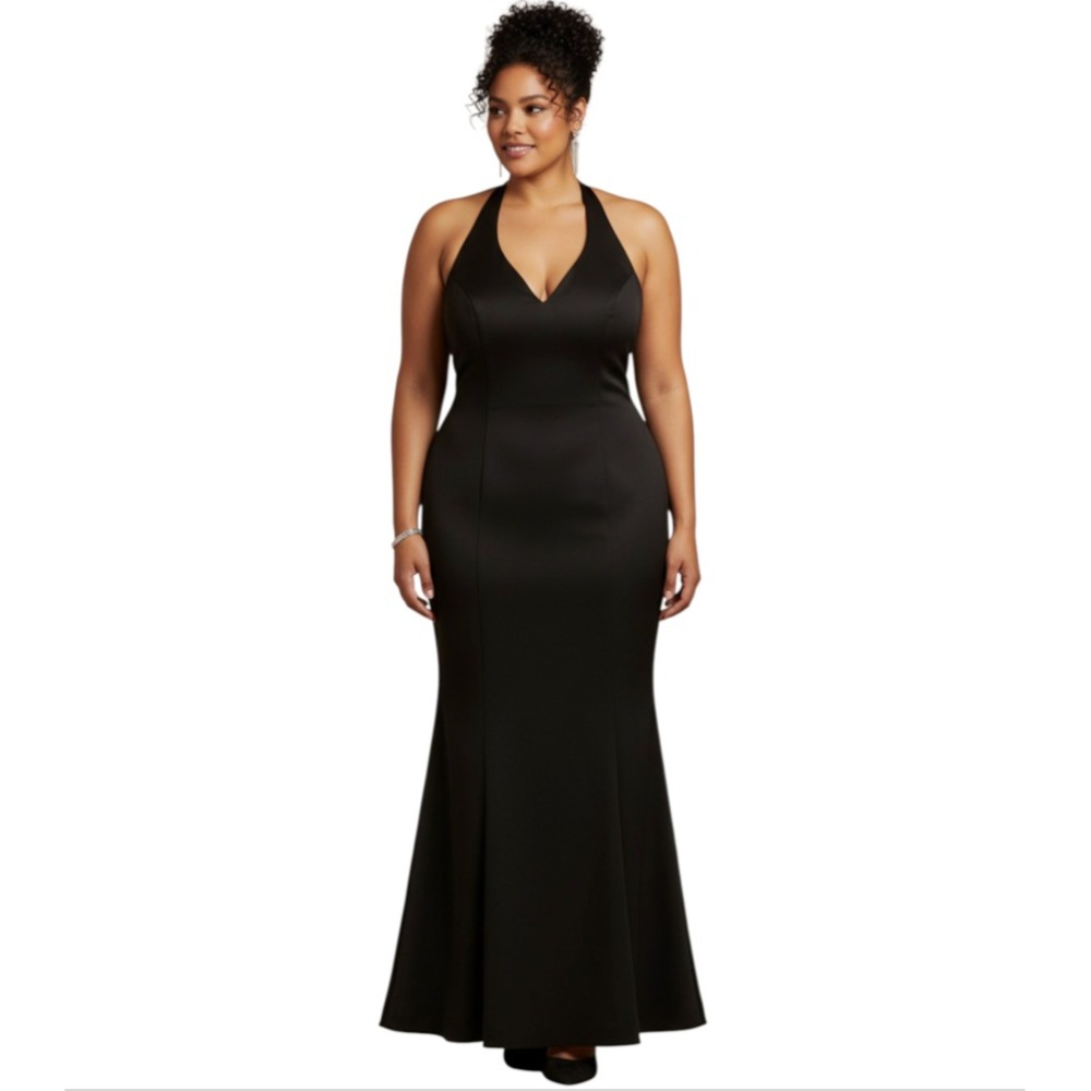 VTG Y2K Morgan & Co. BLACK SATIN HALTER DRESS Witchy Wedding Goth Party SIZE 18
